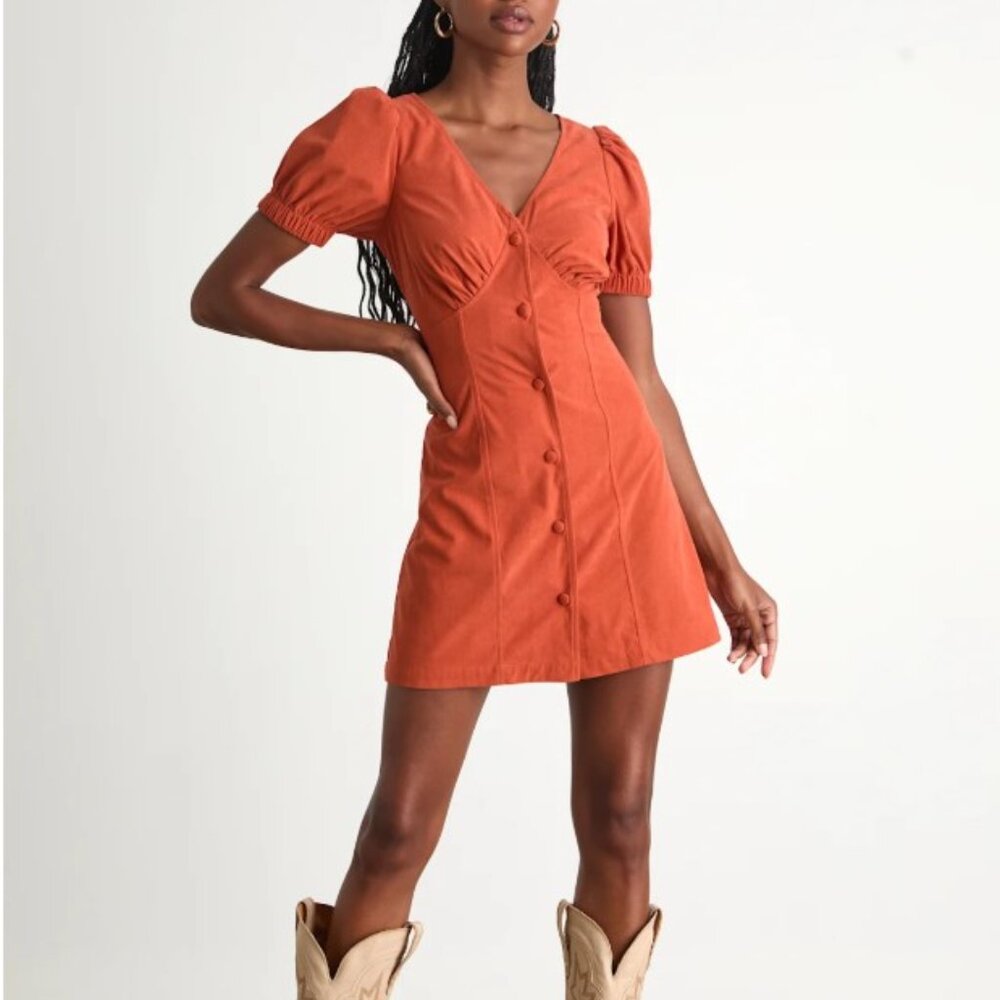 Lulus Adored Cutie Orange Corduroy Button-front Mini Dress - Size M